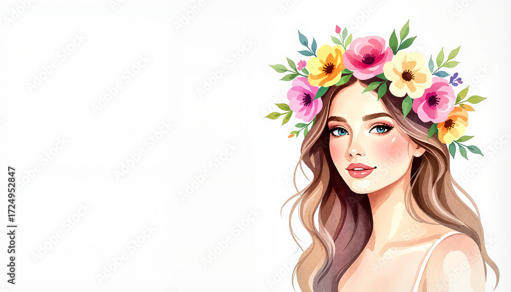 Naklejka premium Young woman with floral crown smiling in vibrant illustration style 