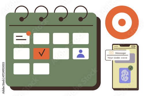 Green calendar with marked dates, phone with biometric scan, secure message, and a red target. Ideal for schedule, security, organization, productivity technology goal-setting business. Simple