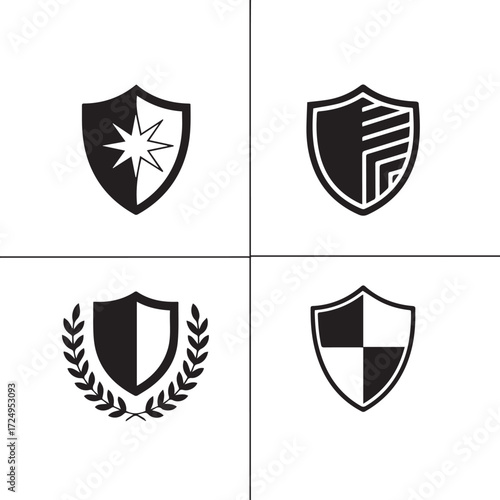 Four distinct shield icons representing security protection emblem concepts on white canvas