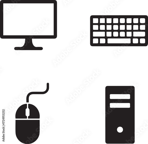 Set of computer hardware icons showing monitor keyboard mouse and system unit silhouettes