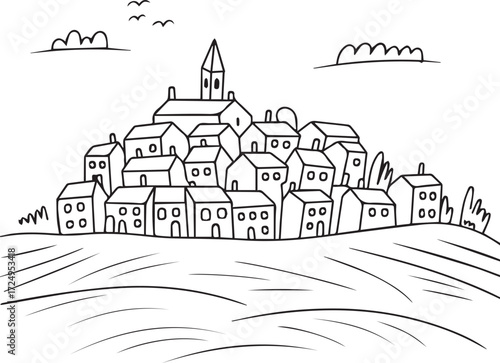 Charming hand-drawn village nestled on a rolling hill with birds flying overhead