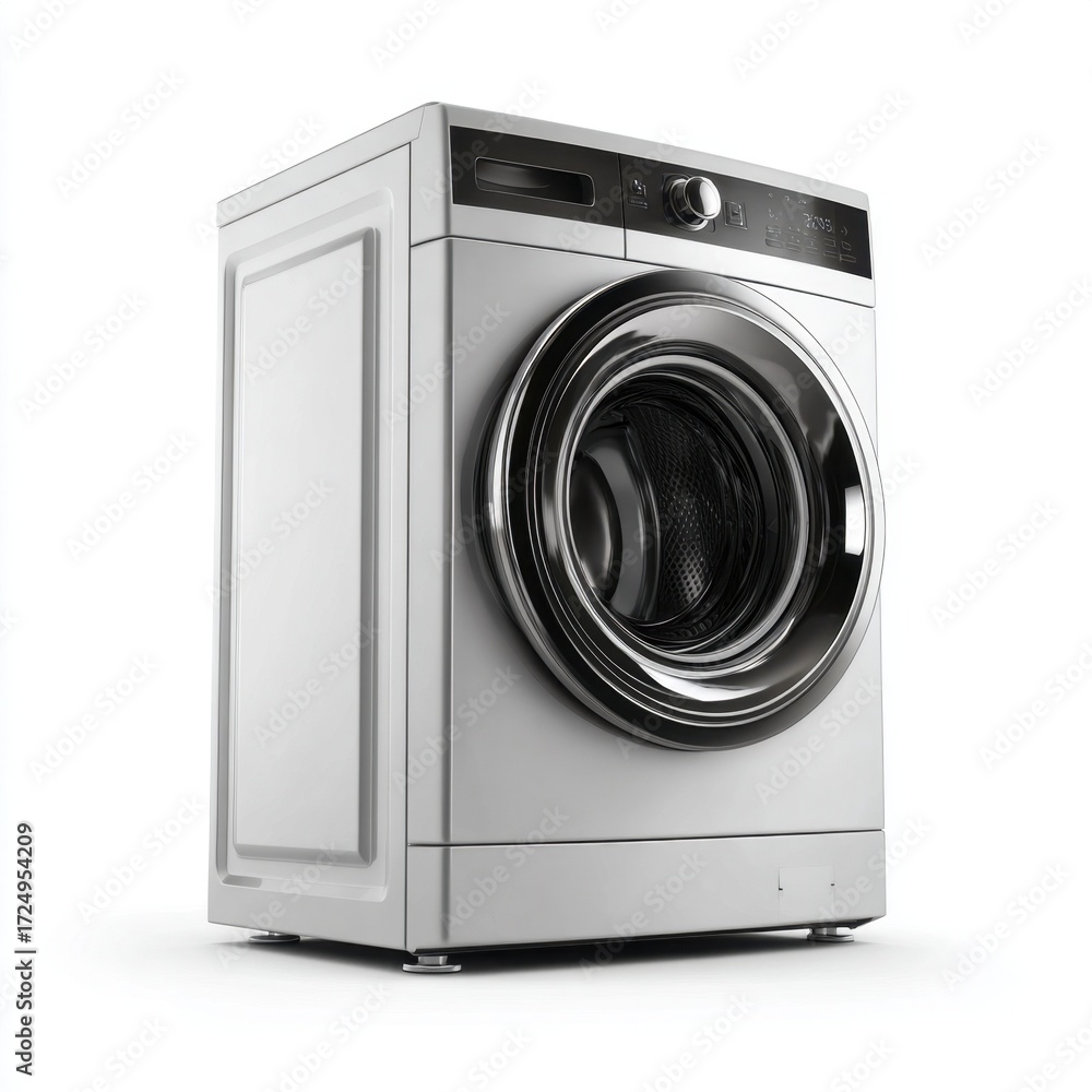 Fototapeta premium Modern Silver Washing Machine Appliance Isolated on White Background for Home Laundry Needs