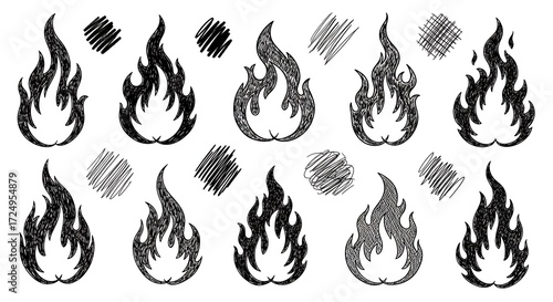 Hand-Drawn Flames with Scribbled Accents in Seamless Repeating Pattern