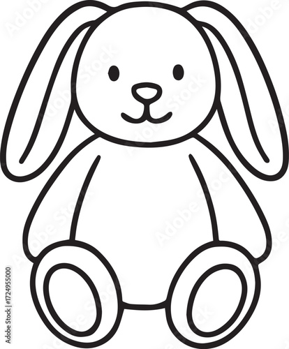 Plush Bunny Toy: A charming, minimalist line art illustration of a sitting plush bunny, radiating a sense of innocence and warmth, a perfect symbol of comfort.