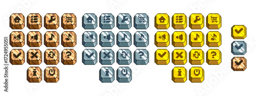 Pixel game button set with 3d cubic design - wooden, metallic and golden interface elements for navigation, menu controls and actions. Various icons and symbols for retro arcade style assets.