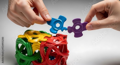 Hands assembling colorful plastic pieces, symbolizing unity and connection