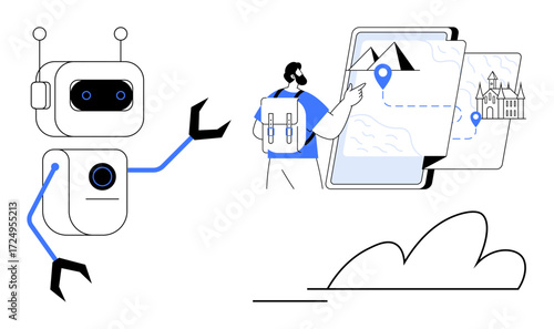 Robot assists a traveler pointing at a digital map displaying landmarks and routes. Ideal for travel, GPS navigation, AI assistance, exploration, technology, tourism, futuristic support. Simple flat