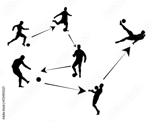 A dynamic graphic depicts soccer players in action, showcasing passing and movement.