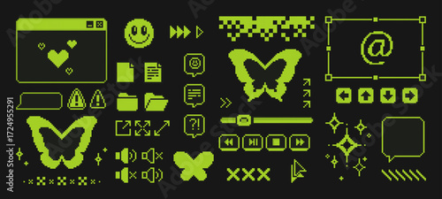 Pixel game interface with y2k aesthetic - browser window, butterfly icons, smiling face and media controls on black background. Neon green elements of navigation buttons for retro computer design.