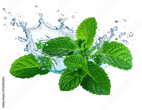 Fresh mint leaves splashed with water