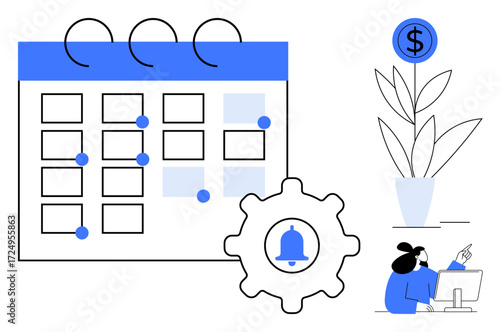Calendar with task markers, gear with notification bell, dollar plant for financial growth, professional at desk. Ideal for time management, scheduling, productivity, finance, growth automation