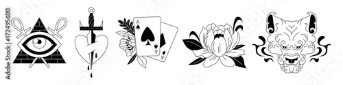 Traditional old school tattoo designs with pyramid eye, dagger heart, ace cards and lotus bloom in black ink. Ornate animal mask in flash art collection for vintage style or classic body art.