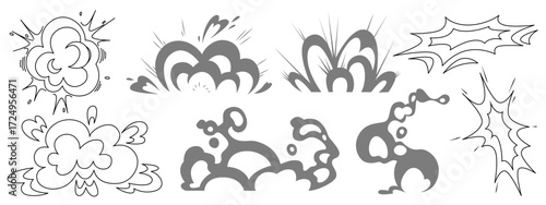 Manga explosive effect collection with burst clouds, smoke puffs and impact lines. Dynamic action elements for comic panels, fight scenes or dramatic moments in Japanese style illustrations.