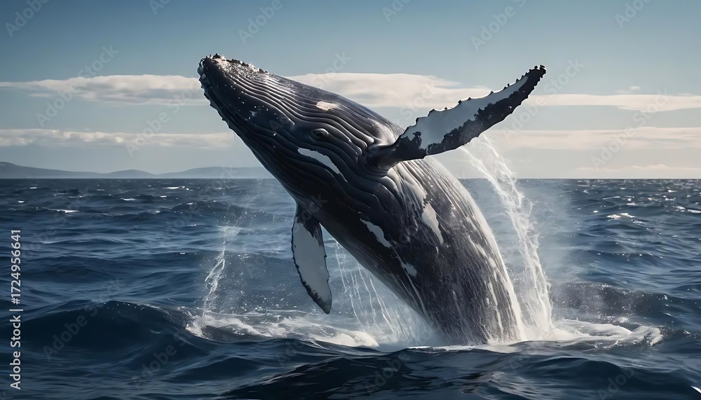 Fototapeta premium A magnificent blue humpback whale's tail fin splashes across the wild ocean waves