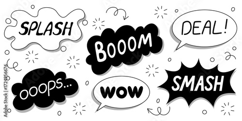 Black comic explosions with boom and pow, splash, smash and wow in speech bubbles. Bold typography with sparkles, motion lines and arrows for vintage superhero action or graphic novel panels.