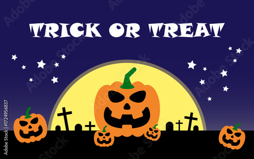 Halloween pumpkins and graves on night background, Trick or treat Halloween greeting card.