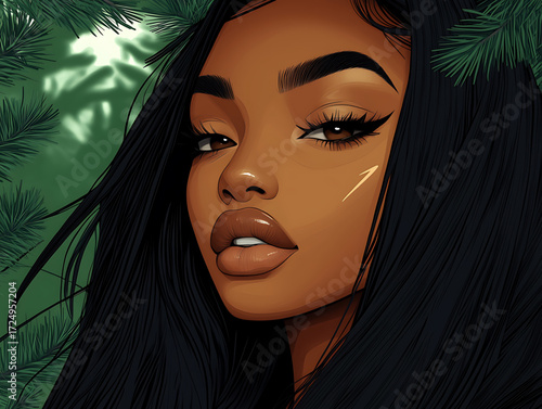Vector-Style Illustration of Woman: Dark Skin, Flowing Black Hair & Dark Green Leaf Background