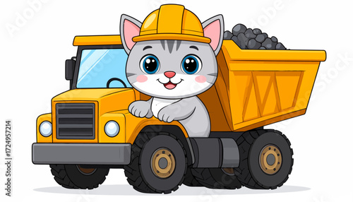 Playful cartoon cat driving a giant mining dump truck