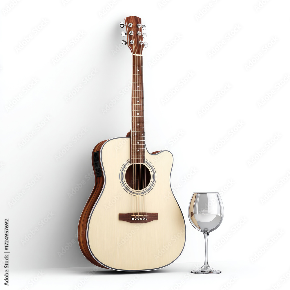 Fototapeta premium Acoustic guitar and wine glass on white background for relaxed musical evening theme
