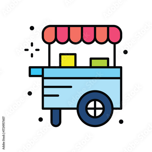 A light blue food cart with a pinkred canopy and a single dark blue wheel surrounded by small dots