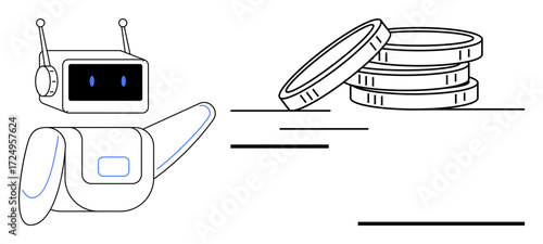 Robot with antenna pointing at stack of coins, representing financial technology, cryptocurrency, AI innovation. Ideal for finance, automation, robotics, digital economy, blockchain innovation