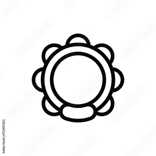 An outlined tambourine illustration features a circular frame with smaller semicircles around it and a horizontal rectangular shape at the bottom