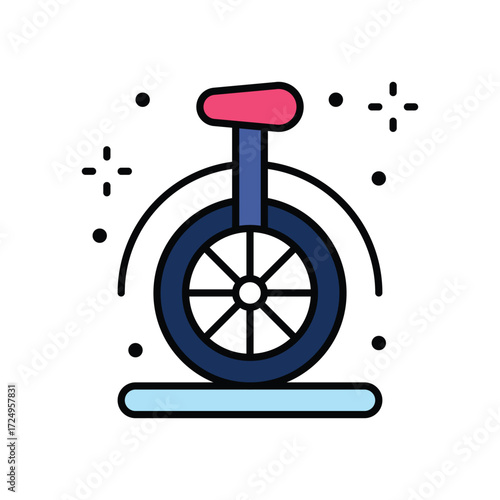 A unicycle in dark blue  pink atop a light blue base surrounded by small dots and crosses