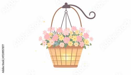 Stylized artistic street lamp with hanging flower basket and gentle glow