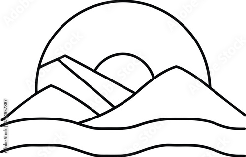 abstract line art sunrise over mountain silhouette illustration on transparent