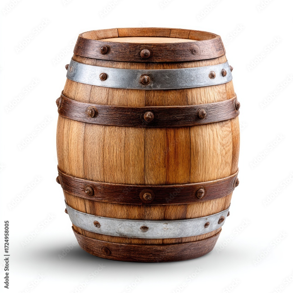 Fototapeta premium Oak barrel for wine aging isolated on white background highlighting traditional craftsmanship and storage