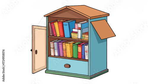 tiny street library box filled with colorful books