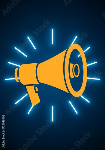 Illuminated megaphone icon emitting neon rays on dark backdrop illustration