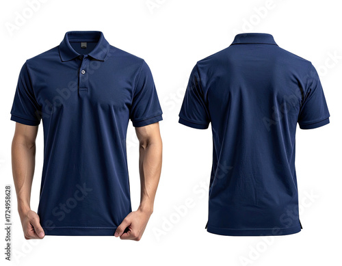 Navy blue polo shirt, front and back view,  showing a model's arms