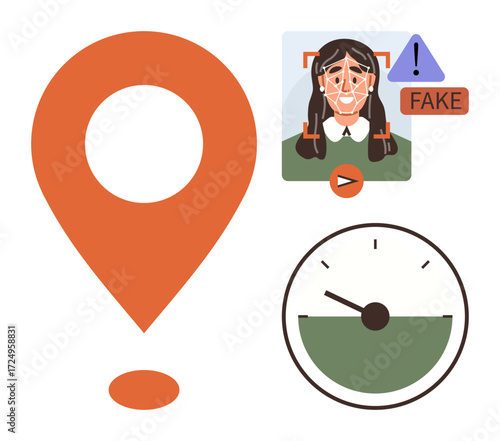 Facial recognition scan highlights false detection with warning icon. Overlay includes geotag marker and accuracy gauge. Ideal for AI ethics, surveillance, identity, facial analysis, location