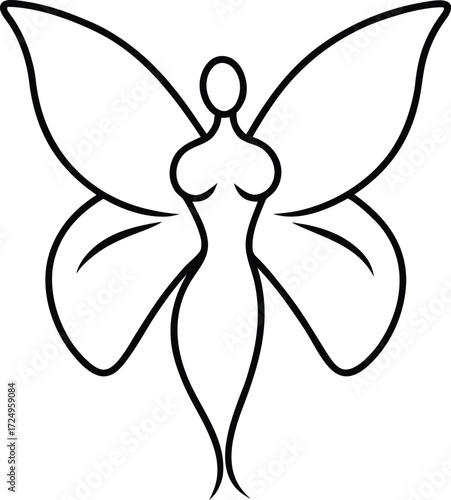 abstract line art woman with butterfly wings illustration on transparent