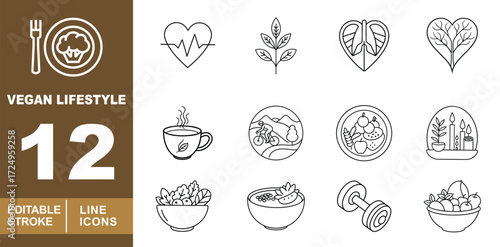 Vegan Lifestyle set of web icons in line style. Broccoli, Heart, Leaf, Lungs, Tree, Cup, Bike, Bowl, Candles, Salad, Soup, Dumbbell, Fruit and more. Editable stroke icons collection.
