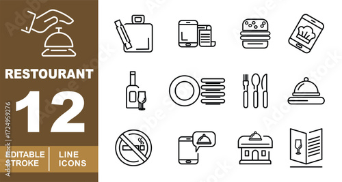 Restourant set of web icons in line style. Hand, bell, rollingpin, phone, burger, chef, bottle, plates, cutlery, dish, no smoking, phone, building, menu and more. Editable stroke icons collection.