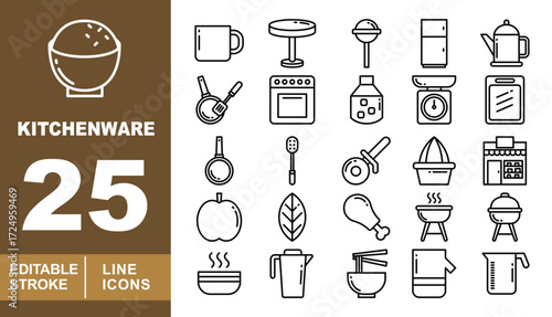 Kitchenware set of web icons in line style. Bowl, Mug, Table, Lollipop, Fridge, Kettle, Fryingpan, Oven, Bottle, Scale, Board, Pan, Spoon, Pizzacutter, Juicer, Store, Apple. Editable stroke icons