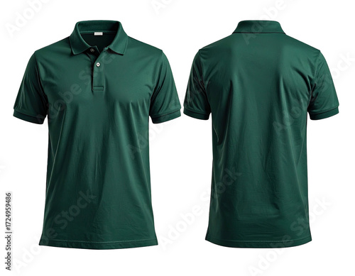 Dark green polo shirt, front and back view,  flat lay
