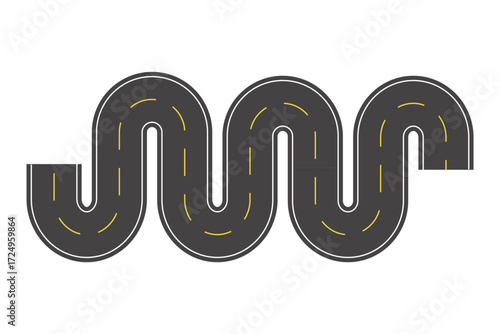 Black asphalt road texture background. Asphalt road texture has yellow and white lines indicating different lanes. Highway or race track background has tar or asphalt texture.