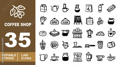 Coffee Shop set of web icons in line style. Branch, Milk, Kettle, Cup, Coffee, Bag, Grinder, Sugar, Coffee, Open, Close, Board, Coffee, Beans, Pot, Donut, Sandwich. Editable stroke icons collection.
