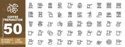 Coffee Preparation set of web icons in line style. Branch, Machine, Pack, Tea, Frenchpress, Grinder, Cup, Grinder, Pack, Beans, Cezve, and more. Editable stroke icons collection.