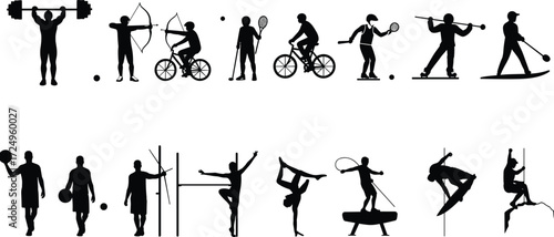 Silhouette athletes performing various sports activities including weightlifting, archery, cycling, tennis, basketball, gymnastics, skiing, surfing, climbing, vector illustration