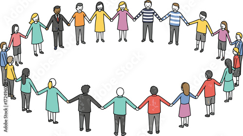 Group of diverse people holding hands in circle, teamwork unity cooperation community support friendship togetherness equality illustration for design