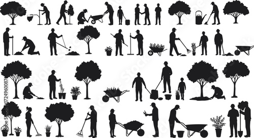 Silhouette gardening people with tools, trees, wheelbarrows, planting, watering, teamwork, outdoor farming, landscape maintenance, eco lifestyle vector illustration set