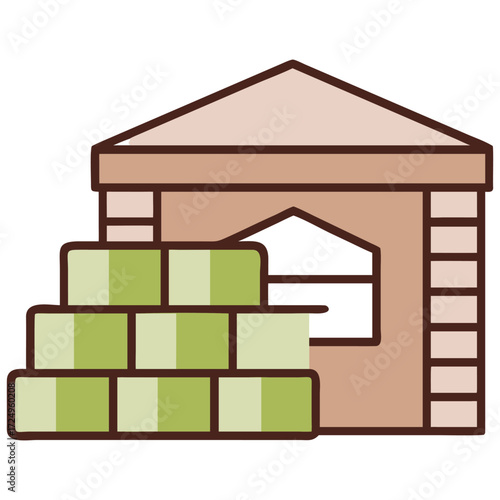 Illustration of a small building with a stack of green hay bales in front