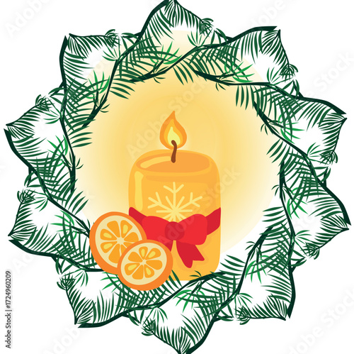 A burning candle and a light glow and orange slices in a round frame, a frame of fir branches on a white background, a vector drawing of a Christmas decoration.