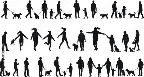 Silhouette people walking with dogs, children, and families in different poses showing outdoor lifestyle, parenting, leisure activity, exercise, pet care illustration