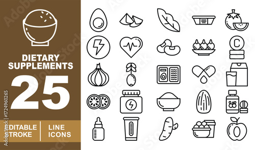 Dietary Supplements set of web icons in line style. Bowl, Egg, Leaf, Tomato, Bolt, Heart, Beans, Fruits, Vitamin, Onion, Olive, Pill, Jar, Carrot, Apple and more. Editable stroke icons collection.