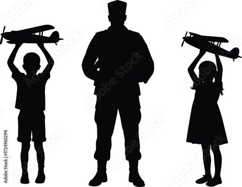 Silhouette soldier with children holding toy airplanes, family military concept, patriotism, childhood dreams, army parent support, vector illustration design set